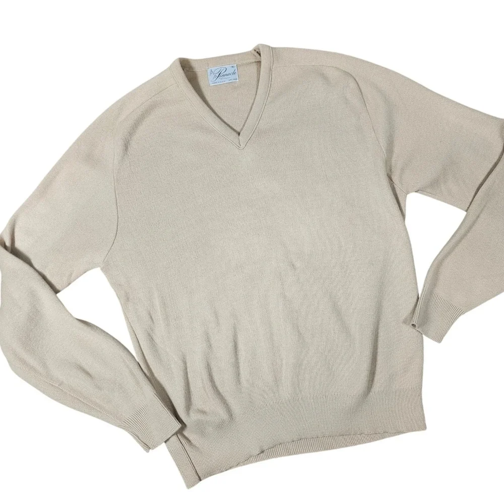 Pinnacle Made in USA Beige‎ Knit V-Neck Sweater Men's XL Vintage 70s-80s